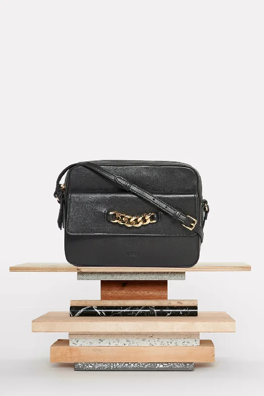 Leather Flap Crossbody Bag - Black