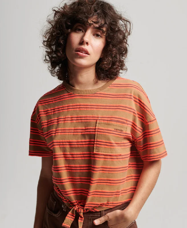 Vintage Boxy Tie Front T Shirt | Denim Co Tobacco Brown Stripe