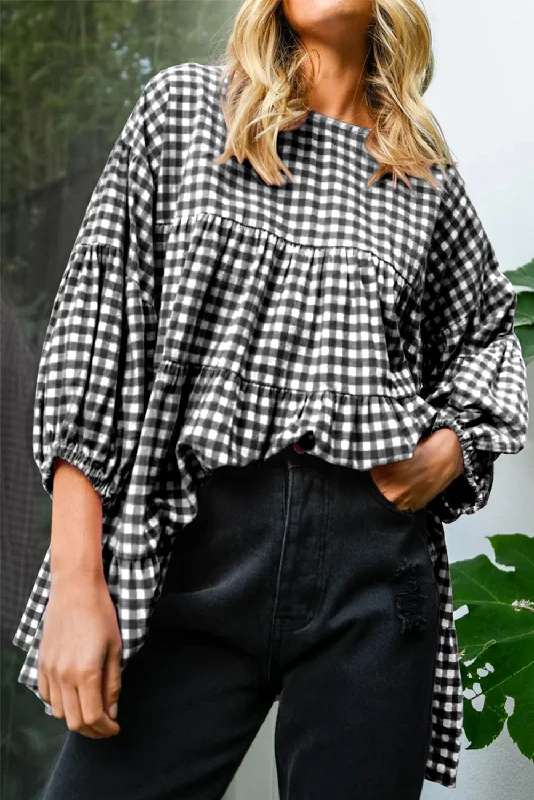 Black Plaid Drop Sleeve Tiered Oversized Blouse