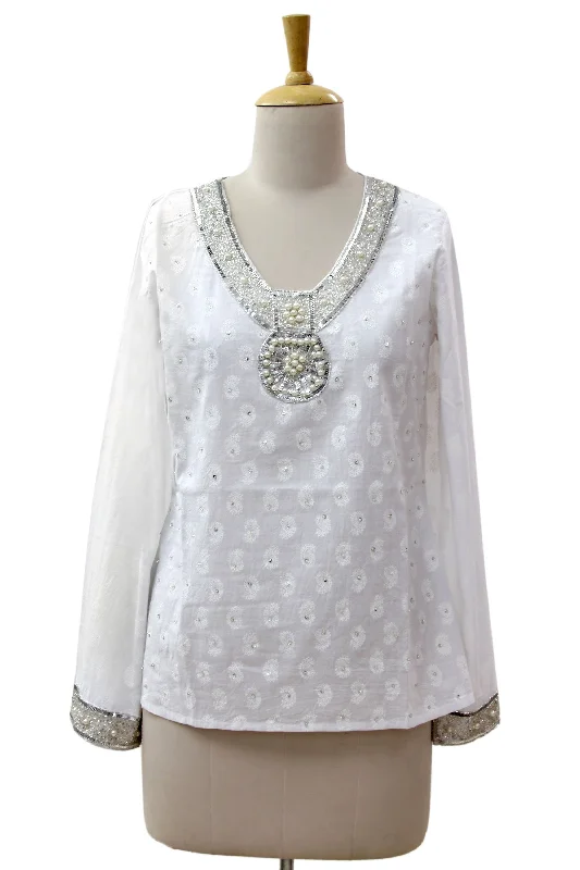 Dazzling White Cotton Beaded Blouse