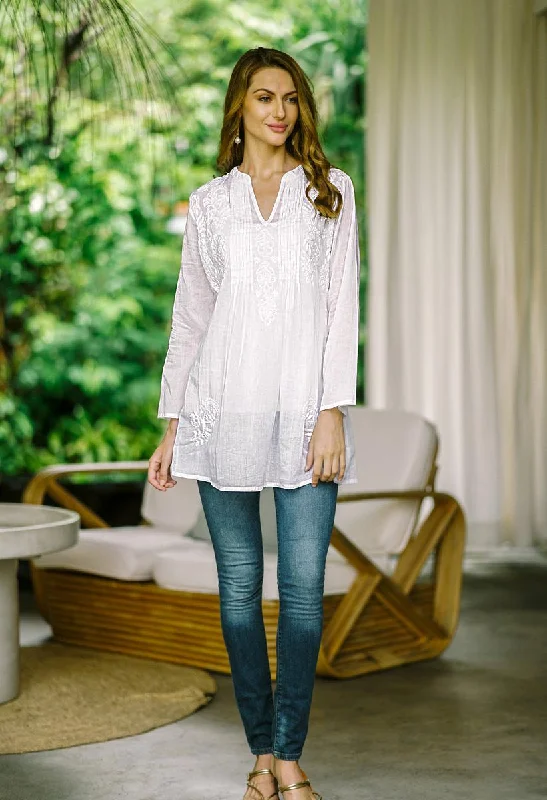 Ethereal Bloom Long Sleeve Floral White Blouse Hand Embroidered in India