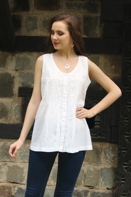 Floral Flirt Sleeveless Floral White Blouse Hand Embroidered in India