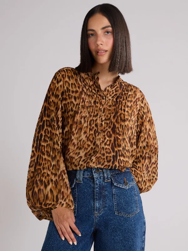 Leopard Print Pintuck Front Blouse