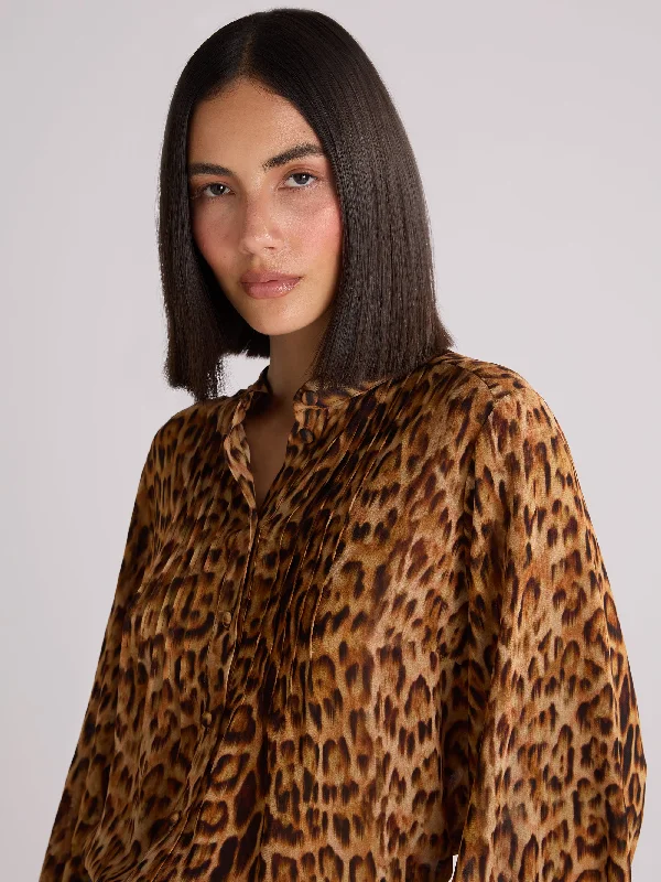 Leopard Print Pintuck Front Blouse