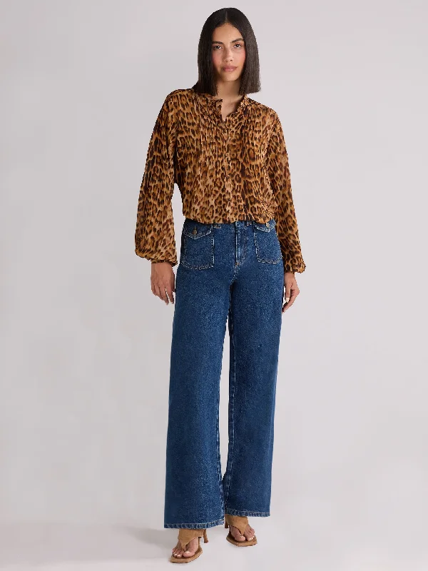 Leopard Print Pintuck Front Blouse