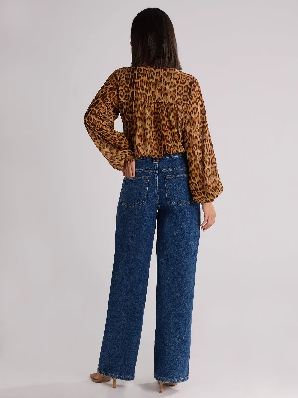 Leopard Print Pintuck Front Blouse