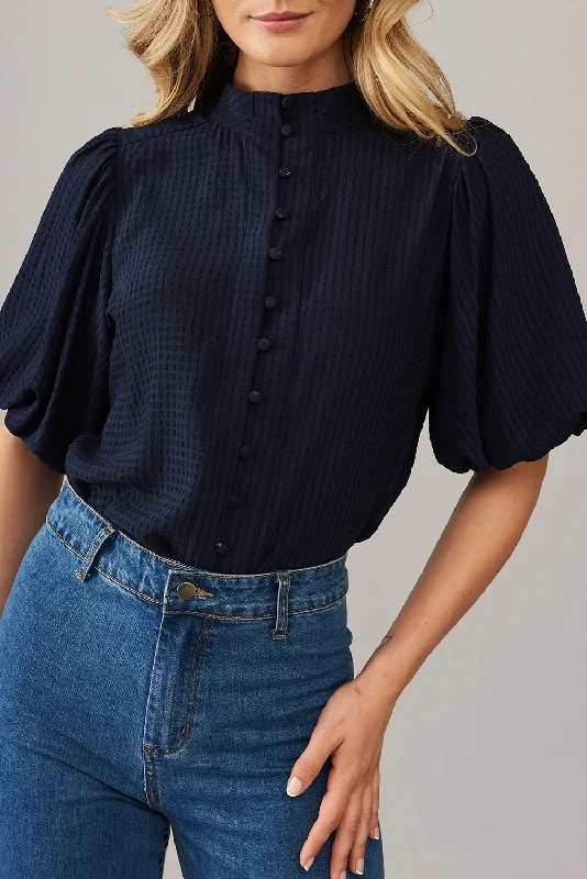 Navy Blue Textured Puff Sleeve Blouse