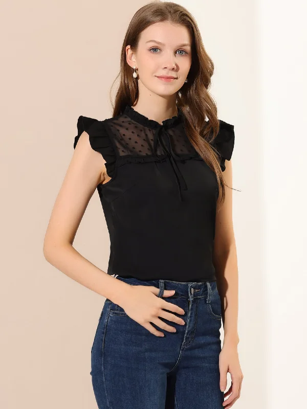 Chiffon Tops Ruffle Stand Collar Tie Front Cap Sleeve Summer Blouse