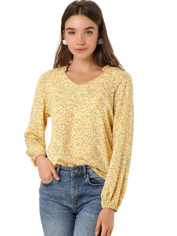 Frill Ruffle Neck Long Sleeve Ditsy Floral Blouse Top