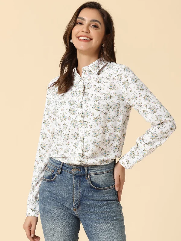 Button Down Floral Long Sleeve Point Collar Blouse