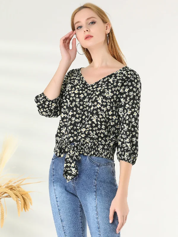 Tie Front 3/4 Sleeve V Neck Smocked Hem Floral Blouse