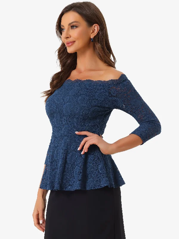 Elegant Lace Blouse Semi Sheer 3/4 Sleeve Off Shoulder Peplum Top