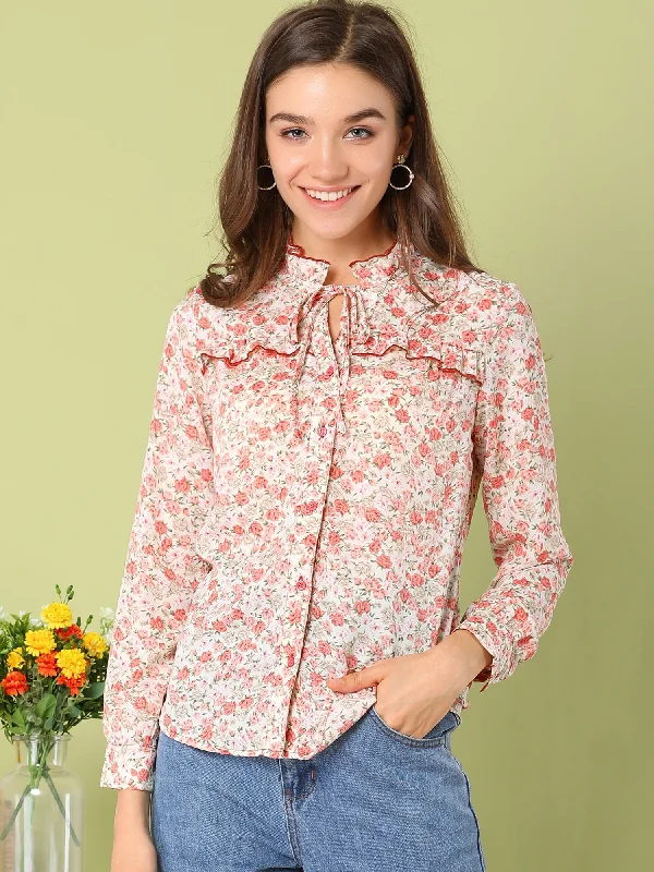 Casual Floral Chiffon Ruffle Tie Neck Button Down Shirt Blouse Tops