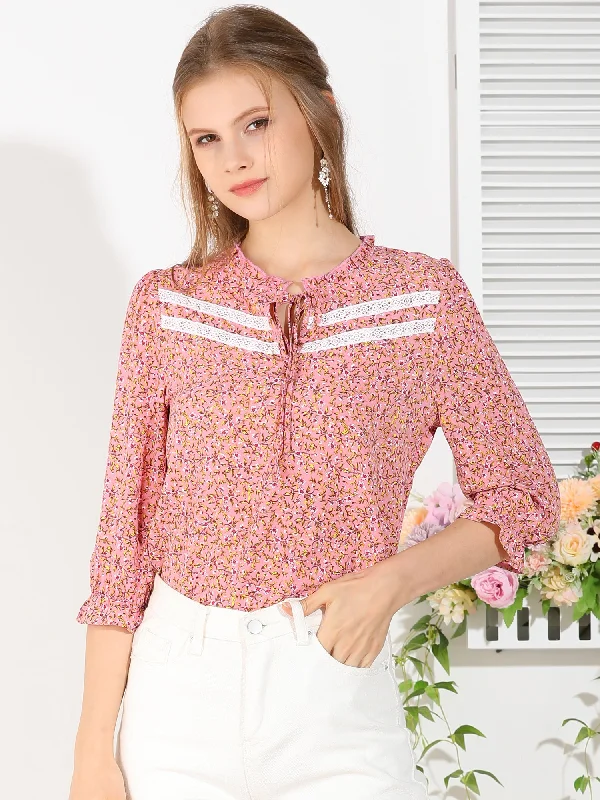 Puff Sleeve Ruffle Frill Neck Floral Blouse Top