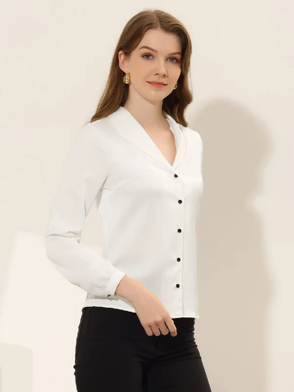 Satin Long Sleeve Blouse Turndown Collar Button Down Shirt