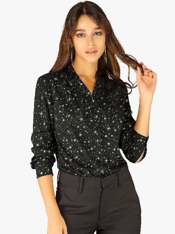 Woven Straight Line Matellic Stars Lapel Long Sleeve Shirt