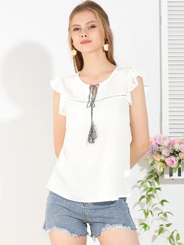 Flutter Sleeve Tassel Tie Neck Hollow-Out Front Summer Boho Blouse