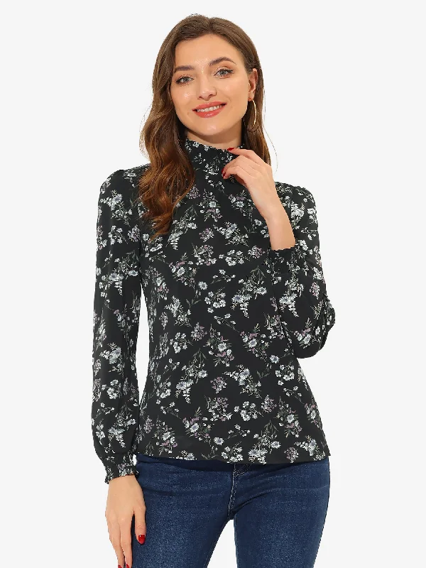 Mock Neck Floral Shirt Work Office Button Back Chiffon Blouse