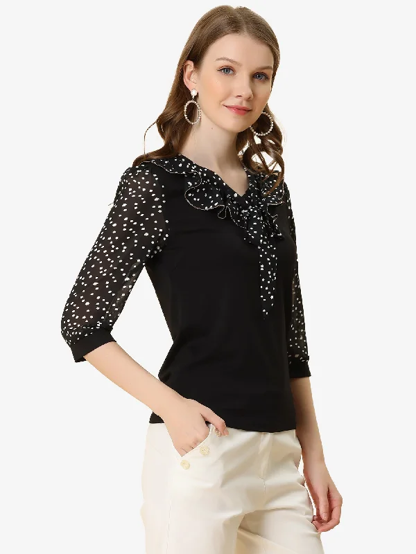 Ruffle Tie Neck 3/4 Sleeve Casual Blouse Top