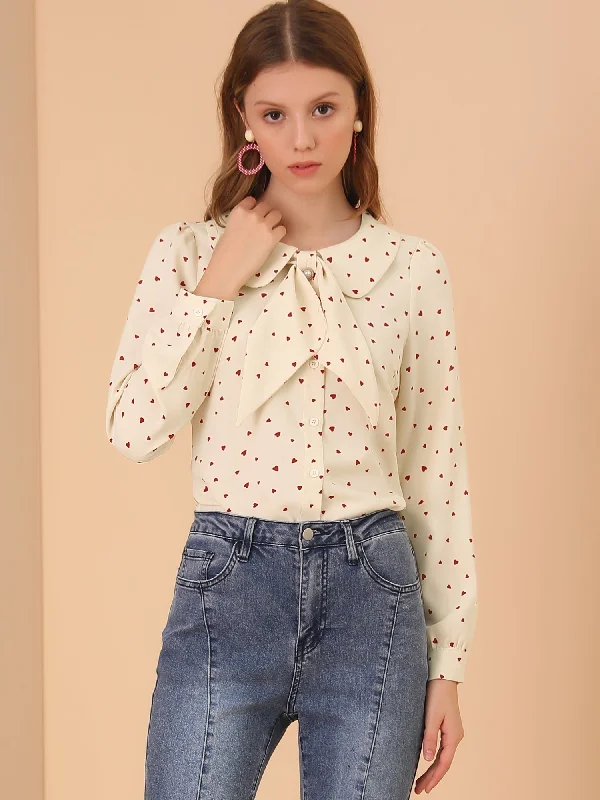 Bow Tie Collar Heart Print Peter Pan Collar Button Down Blouse