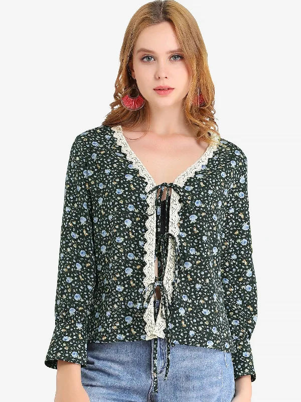 Floral Print Tie Up Open Front Scalloped Lace Trim Long Sleeve Top