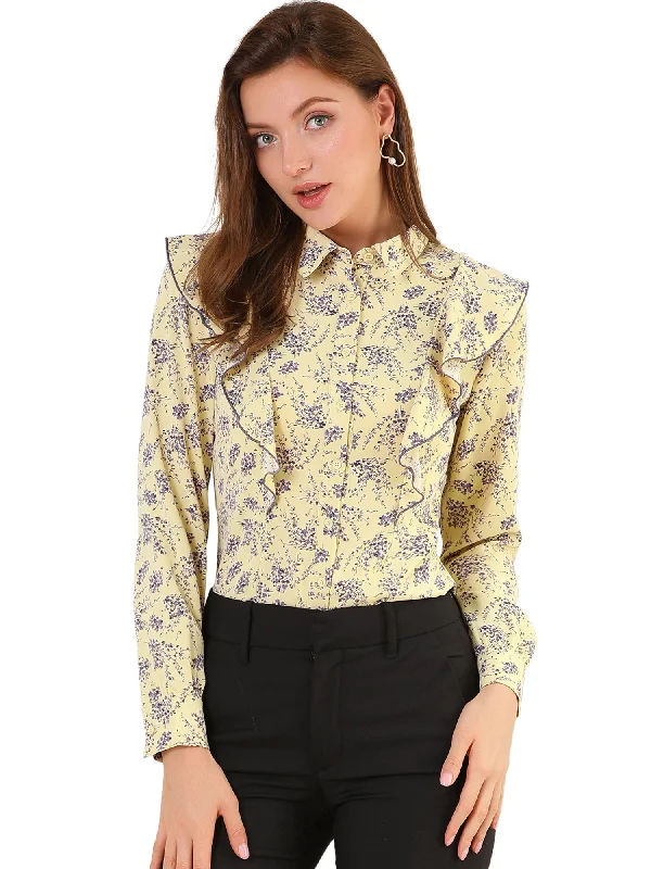 Ruffled Trim Floral Blouse Tie Neck Casual Office Shirt