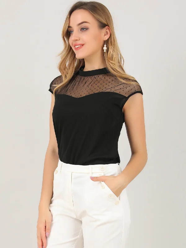 Mesh Cap Sleeve Keyhole Back Retro Vintage Blouse Top