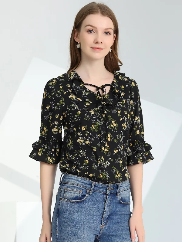 Ruffled Tie Neck Floral Ruffle Half Sleeve Chiffon Blouse