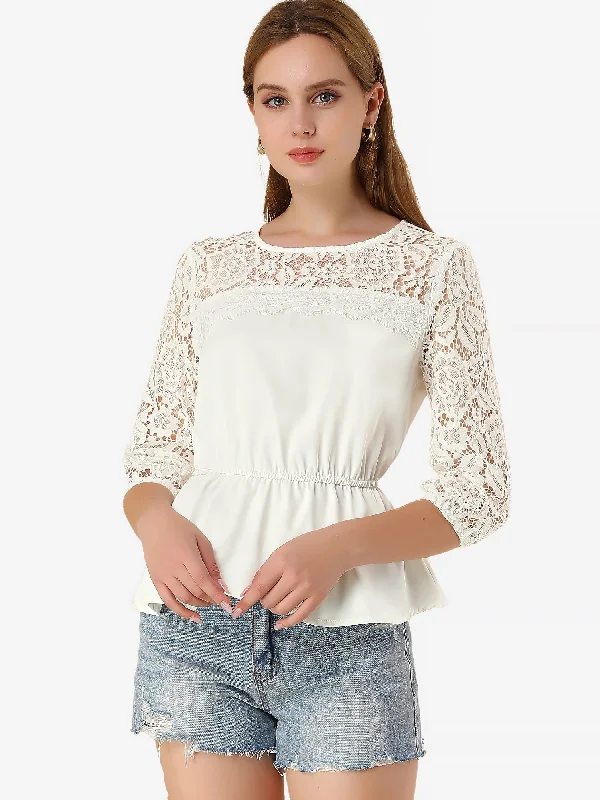 Mesh Lace Panel 3/4 Sleeve Round Neck Peplum Blouse