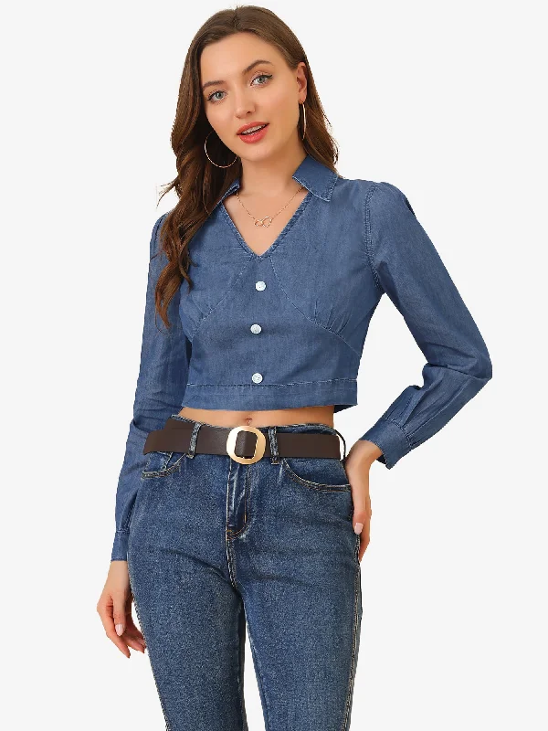 V Neck Long Sleeve Button Point Collar Chambray Denim Blouse