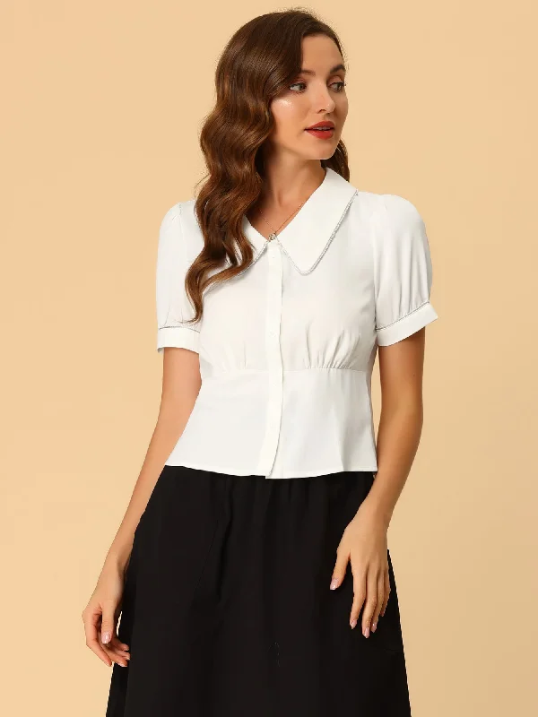 Work Blouse Contrast-Trim Puff Sleeve Peter Pan Collar Shirt Top