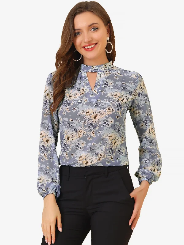 Floral Keyhole Blouse Stand Collar Semi-Sheer Chiffon Work Tops