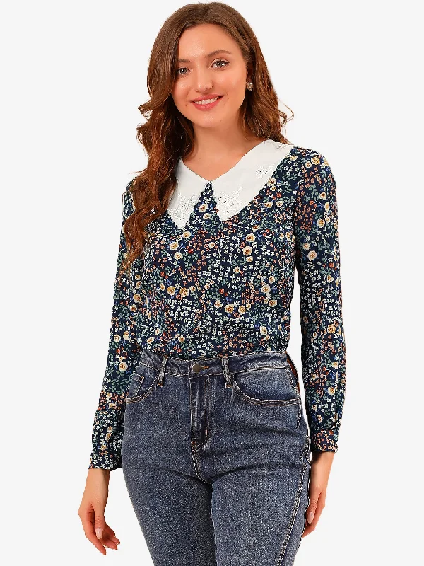 Contrast Peter Pan Collar Keyhole Back Floral Blouse