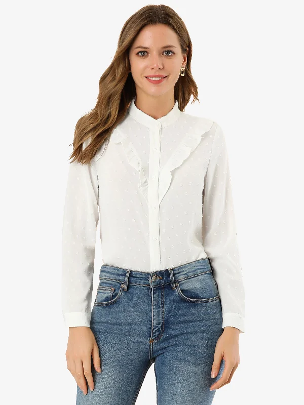 Casual Work Peasant Swiss Dot Ruffle Trim Stand Collar Blouse