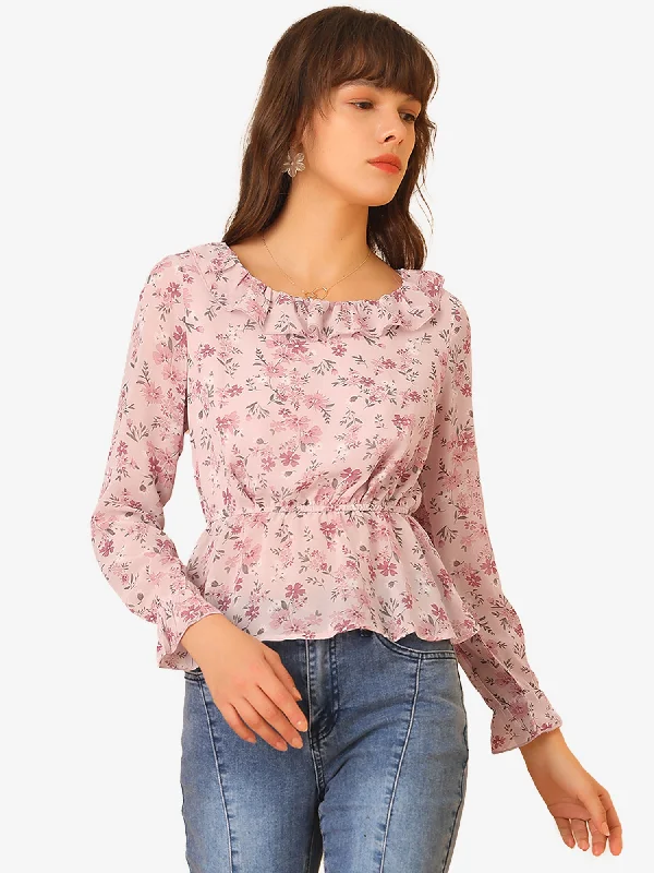 Long Sleeve Ruffle Floral Peplum Top Chiffon Blouse