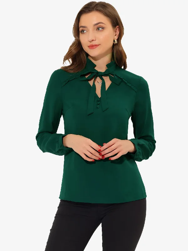 Ruffled Top Long Sleeve Bow Tie Neck Christmas Blouse