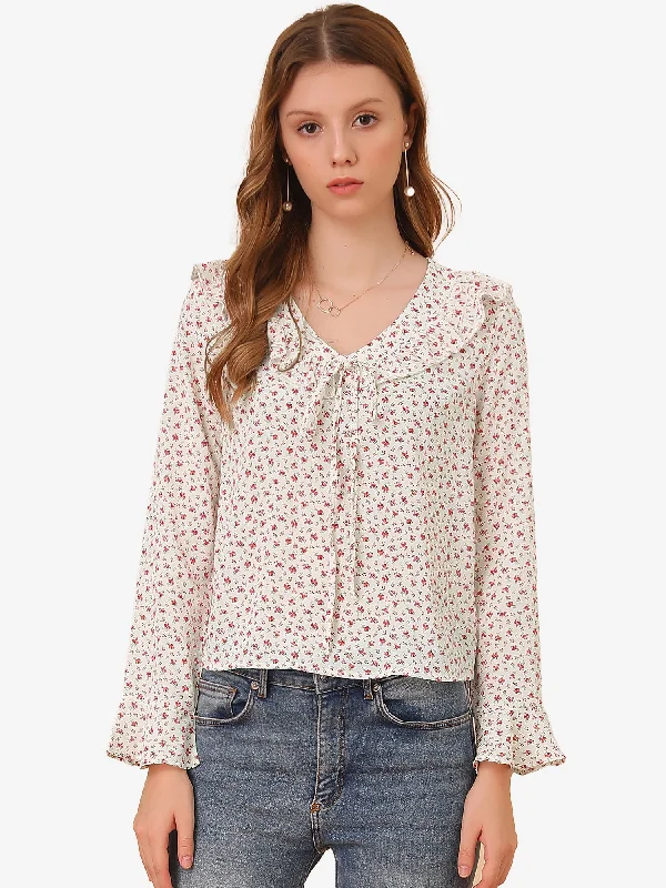 Floral 3/4 Flare Sleeve Ruffle V Neck Chiffon Blouse Top