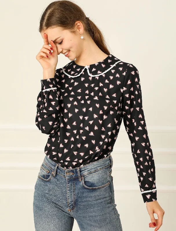 Date Peter Pan Collar Long Sleeve Cute Heart Dot Printed Blouse