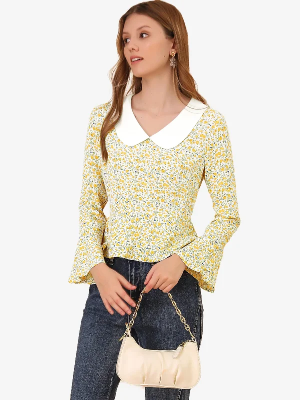 Floral Peplum Bell Sleeve Peter Pan Collar Blouse