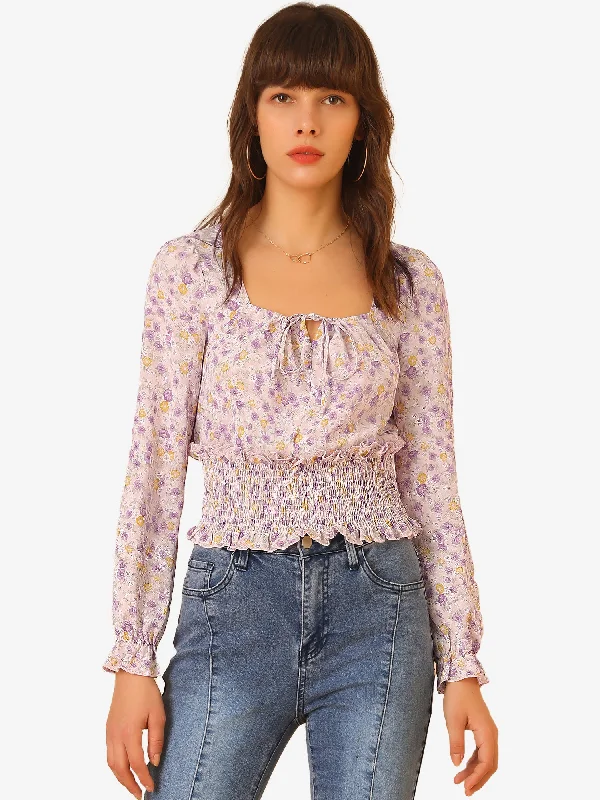 Tie Neck Smocked Blouse Elegant Chiffon Floral Tops