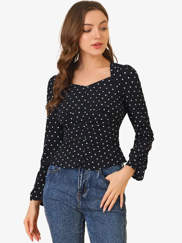 Long Sleeve Sweetheart Neck Fitted Ruched Front Heart Print Blouse