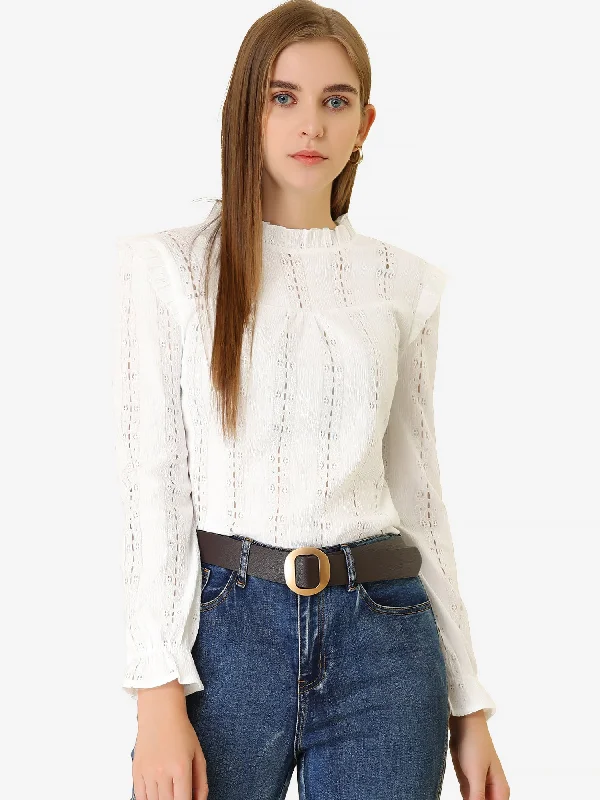 Ruffled Frill Trim Long Sleeve Hollow Out Stand Collar Top Blouse