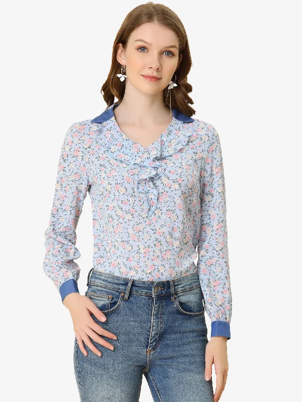 Chiffon Ruffle Flat Collar Tops V Neck Elegant Summer Floral Blouse