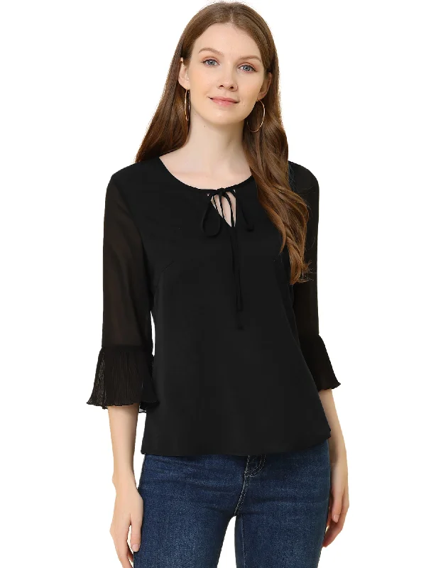 Bow Tie Neck Blouse Sheer 3/4 Sleeve Chiffon Tops