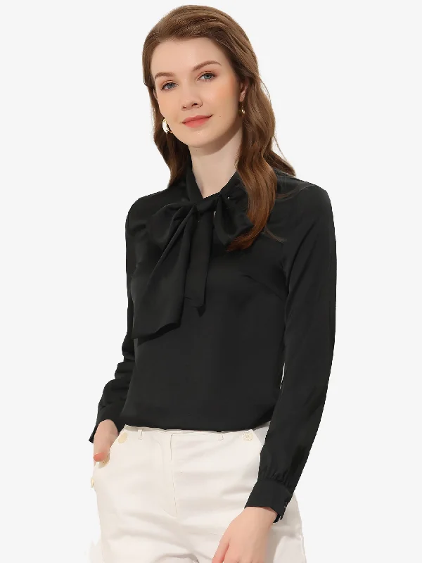 Satin Blouse Bow Tie Neck Solid Work Office Shirt