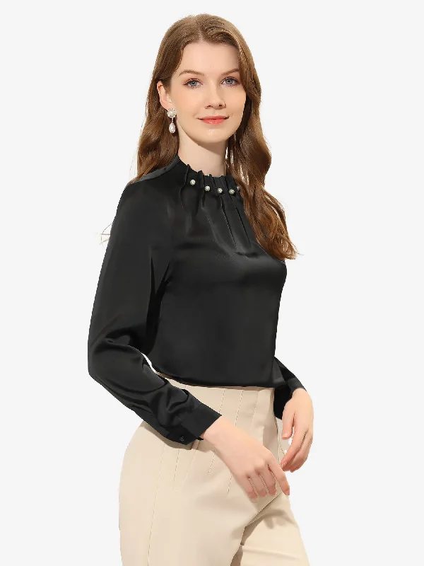 Satin Elegant Pearls Beaded Pleated Mock Neck Work Blouse