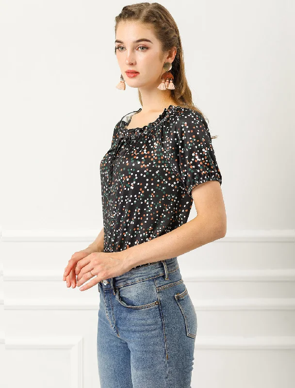 Ruffled Round Neck Raglan Sleeve Summer Polka Dots Blouse Top