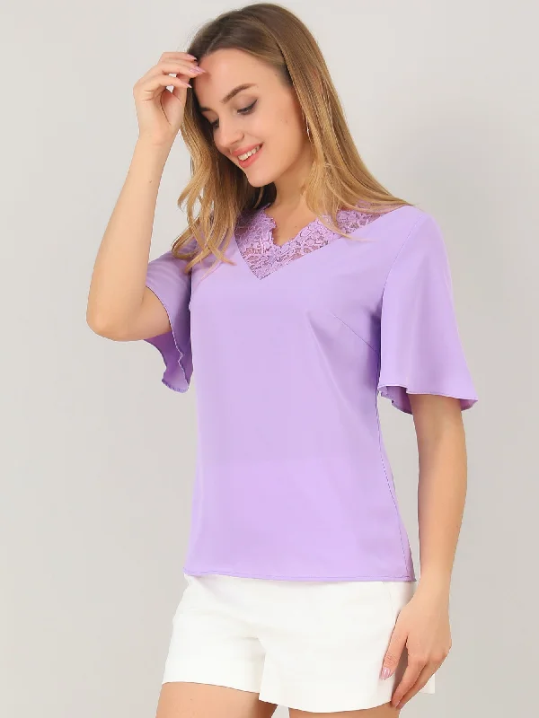 V Neck Butterfly Sleeve Business Casual Work Blouse