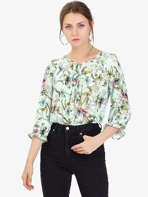 Floral Tops Bow Tie Neck Vintage 3/4 Sleeve Blouse