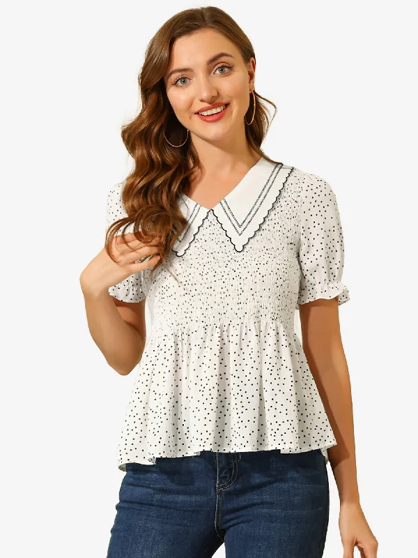 Peter Pan Collar Blouse Smocked Peplum Polka Dots Tops